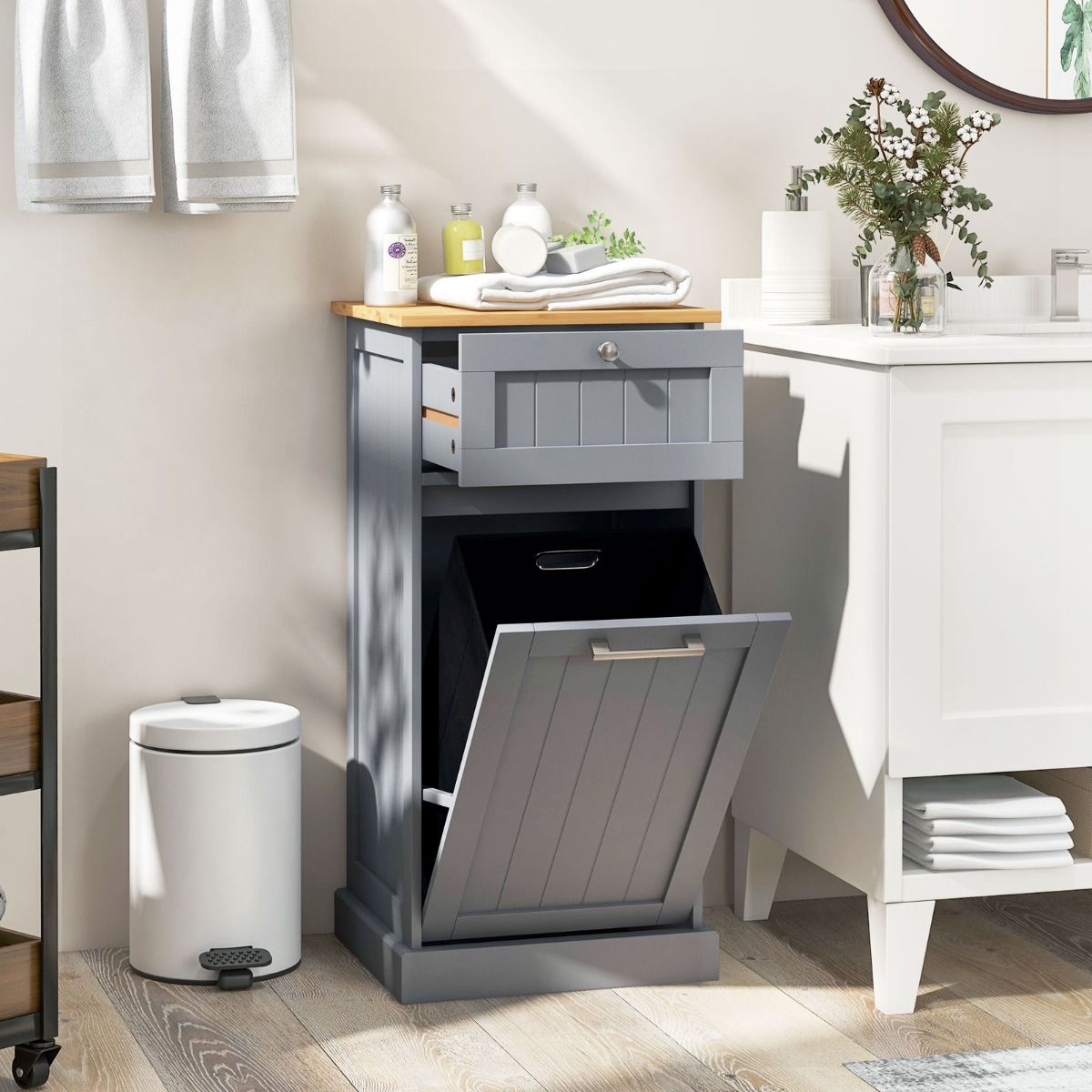 Coast Kledingkast met wasmand - lade en opbergruimte - bamboe en MDF - wit en naturel - 40 x 37 x 82 cm