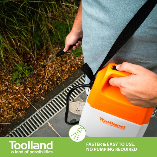 Toolland Drukspuit, elektrisch, herlaadbare batterij, telescopische lans, regelbare sproeikop, schouderriem, 6 liter, wit/oranje/zwart
