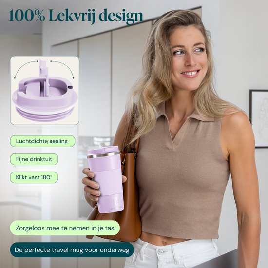 Castagnola Thermosbeker - Koffiebeker To Go - Travel Mug voor Koffie en Thee - Theebeker - 510 ML - RVS - Lichtpaars