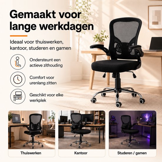 Infinity Goods Ergonomische Bureaustoel - Office Chair - 4D Lendensteun & Mesh - Opklapbare Armleuningen - Tot 150kg - NEN-EN1335 - Zwart