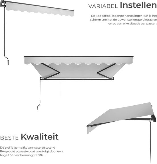 tectake® Zonnescherm met Knikarm - 300 x 250 cm - Zonneluifel - Zonwering voor Raam, Balkon, Buiten - Te Monteren aan Muur - Water- en UV-Bestendig - Lichtgrijs