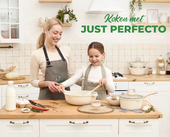 Just Perfecto 15 Delige Pannenset Inductie - Beige Pannenset Met Deksel Voor Gas en Inductie - PFAS vrij - Koudgrepen