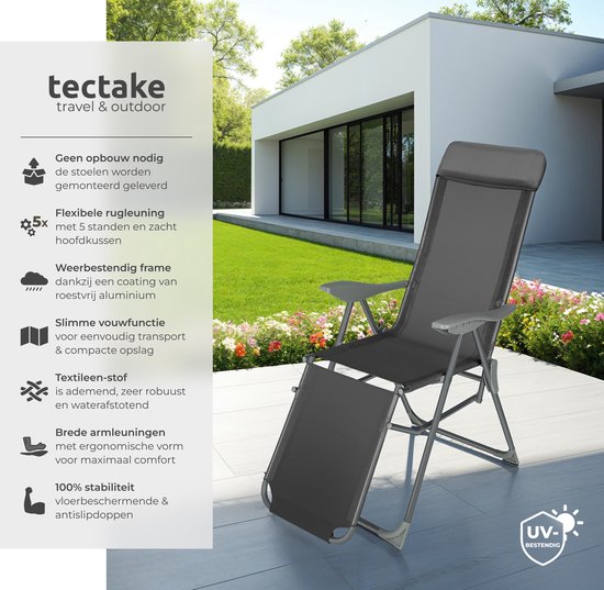 tectake® - Set van 2 klapstoelen - Aluminium tuinstoelen - Inklapbaar met hoofdsteun en voetensteun - Ligstoelen voor in de tuin, terras of balkon - Campingstoel - Antraciet