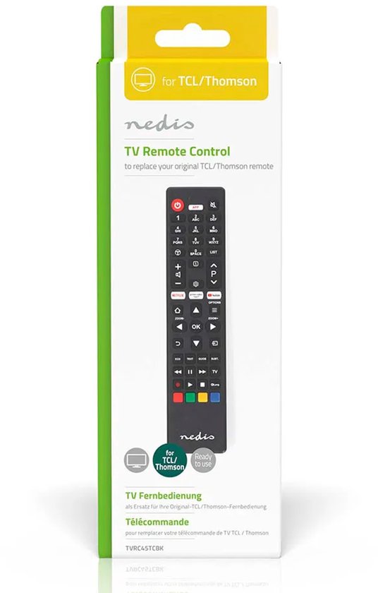 Nedis Vervangende Afstandsbediening - Geschikt voor: TCL/Thomson - Voorgeprogrammeerd - 1 Apparaat - Amazon Prime / Netflix Knop / Youtube Knop - Infrarood - Zwart
