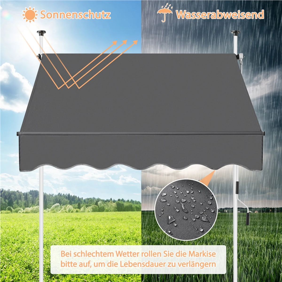 Yaheetech Klemzonnescherm Met Handslinger – Voorzien Van In Hoogte Verstelbare Telescopische Stangen En Waterafstotend Doek En Beschermvoetjes – Voor Balkon En Terras – Donkergrijs Polyester En Metaal – 150 x 180 x 210-300 cm