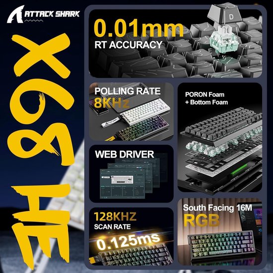 ATTACK SHARK X68HE - Magnetische Schakelaar Bedraad Gaming Toetsenbord - 66 toetsen - RGB - Zijde Gedrukte PBT-toetsen - Decoratieve Koord - 8Khz - 0.01mmRT - 0.125ms - Witte Contourlijn