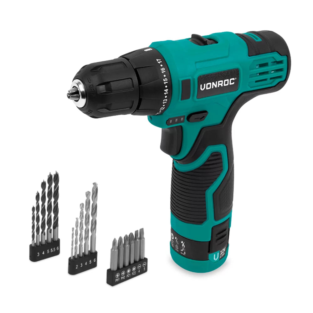 Vonroc Accuboormachine 12V - Met 2,0Ah accu, USB-C kabel en 16-delige boor- en bitset