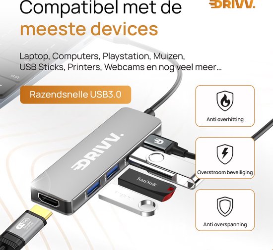 Premium USB C Hub 5 in 1 - HDMI 4K 30Hz - PD 100W - USB 3.0 - USB 20 - USB Splitter - Adapter - Space Grey