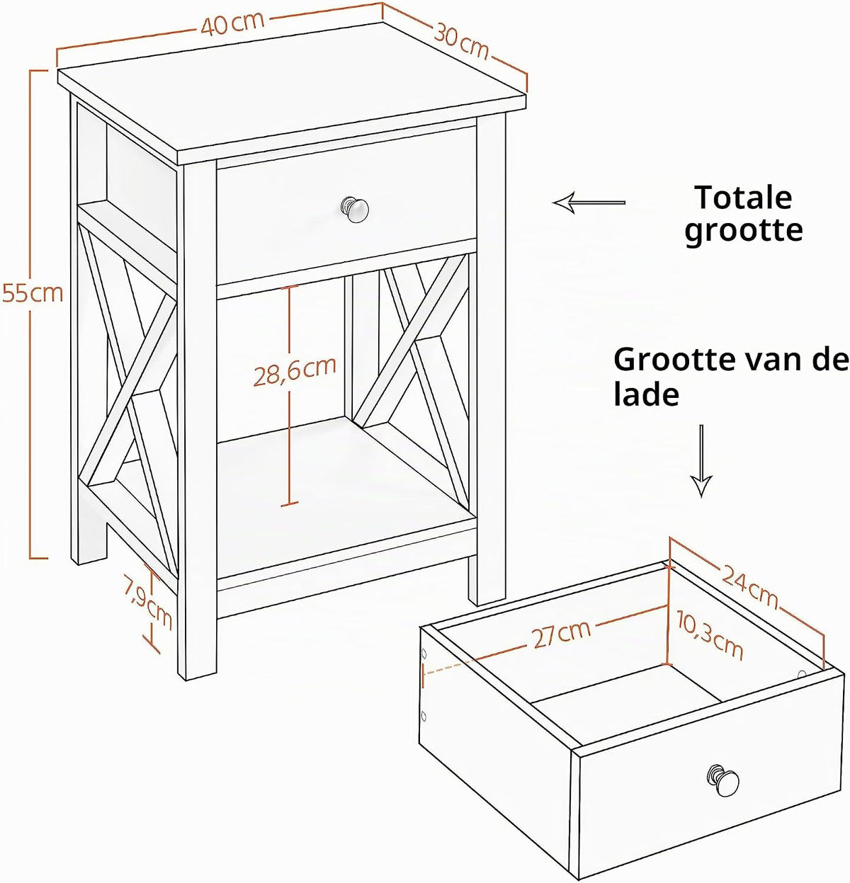 Yaheetech Bijzettafel met Lade - 40 x 30 x 55 cm - MDF - Met Onderrek