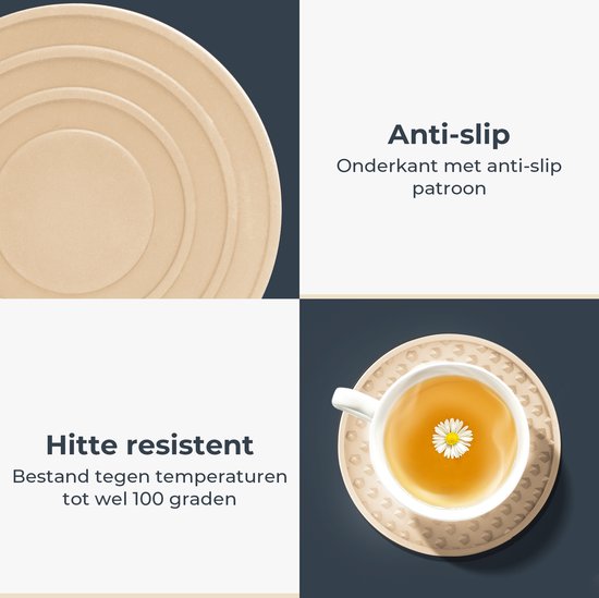Castagnola Siliconen Onderzetters – Onderzetters voor Glazen – Design Onderzetters met Houder – Onderzettersset – Anti Slip - Set van 6 – Beige