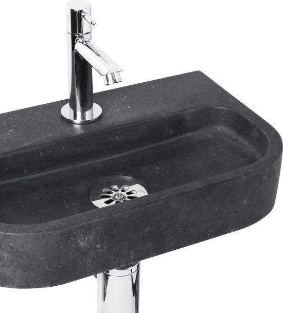 Differnz Ovale Small Fonteinset - Wasbak Natuursteen - Zwart - Rechte Kraan - Chroom - Standaard Greep - 38 x 24 x 8 cm