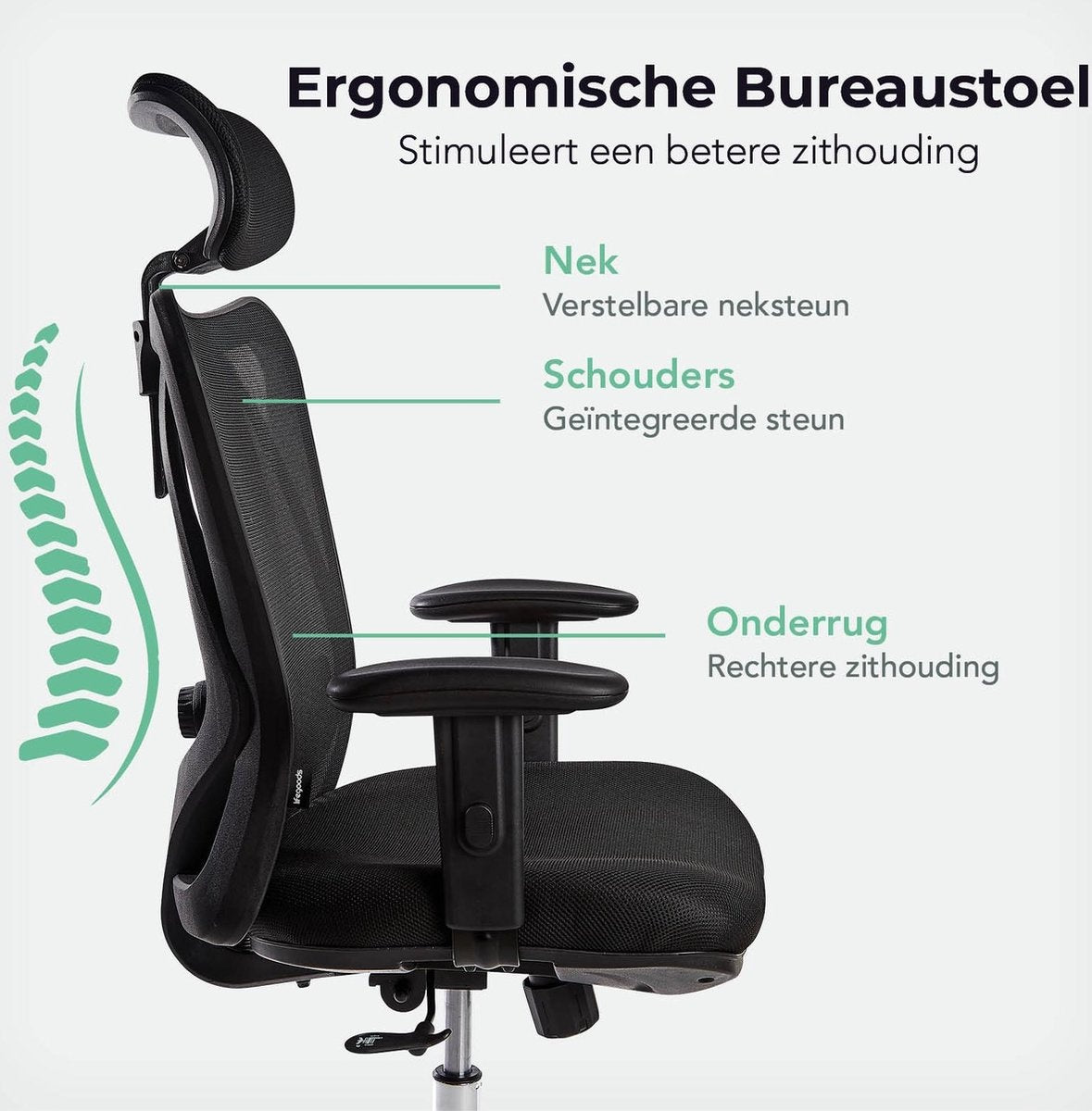 LifeGoods Ergonomische Bureaustoel - Office Chair - Volwassenen - Verstelbaar - Hoofdsteun - Zwart/Chroom