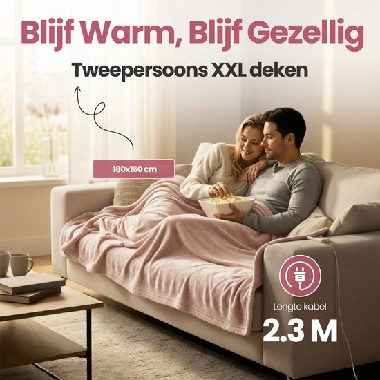 STAUS&BACH Elektrische deken 3XL - 2 persoons bovendeken - Dubbelzijdig Fleece Sherpa Warmtedeken - Champagne roze - 180x160 cm PowerNap