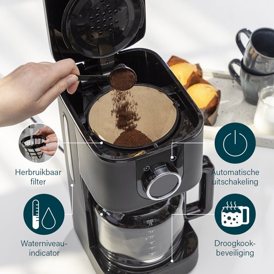 Princess 246060 Koffiezetapparaat – 1.5L - 10-15 koppen – Filterkoffiezetapparaat - Zwart