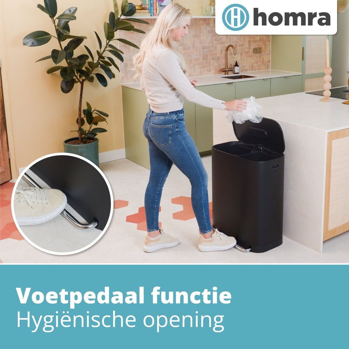 Homra Prullenbak – 2 Vakken & Geurfilter – 60L (2x30L) – 58 x 37 x 68,5 cm – Mat Zwart