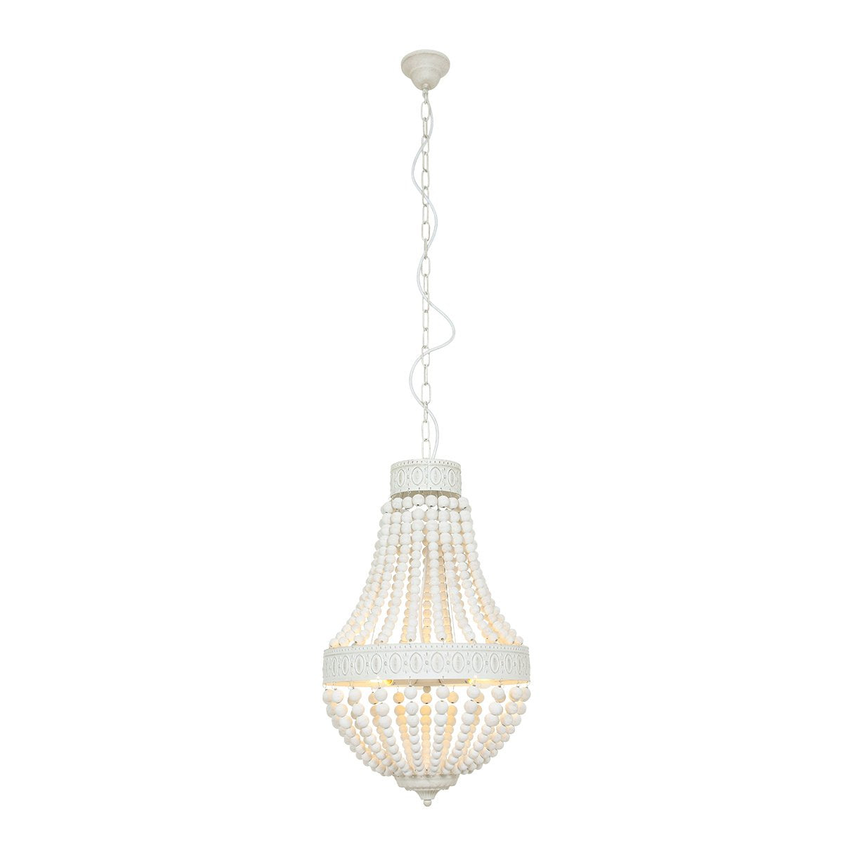 Hanglamp Ella 10191W - Trendy Witte Kralenlamp van Hout en Metaal, Verstelbare Hoogte 70-155 cm - Merk: Mexlite