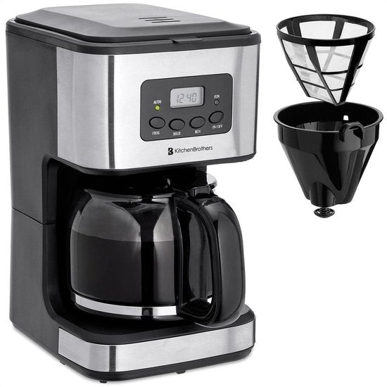 KitchenBrothers Koffiezetapparaat - Filterkoffie - met Glazen Kan - 12 Koppen - Zwart/RVS
