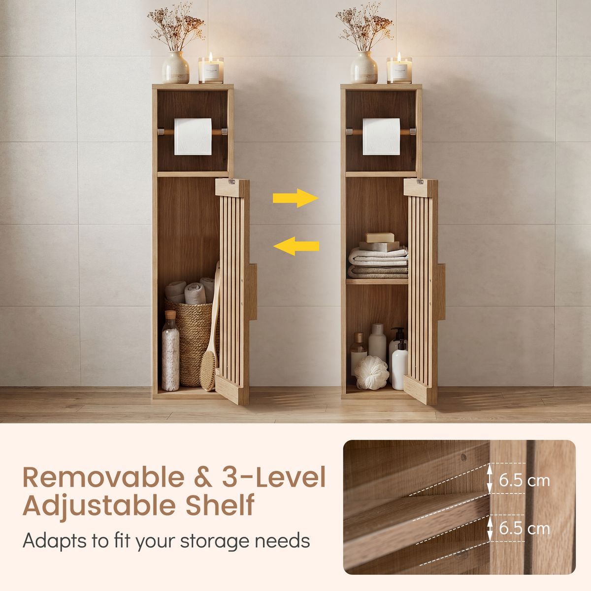Coast Smalle Badkamerkast - toiletpapierhouder - verstelbare legplank - natuurkleur 20 x 19 x 78 cm