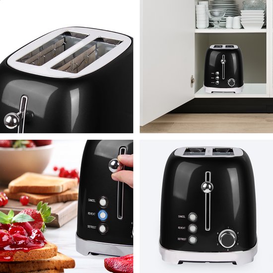 KitchenBrothers Retro Broodrooster - Toaster - 6 Warmteniveaus - 2 Extra Brede Sleuven - 815W - Zwart