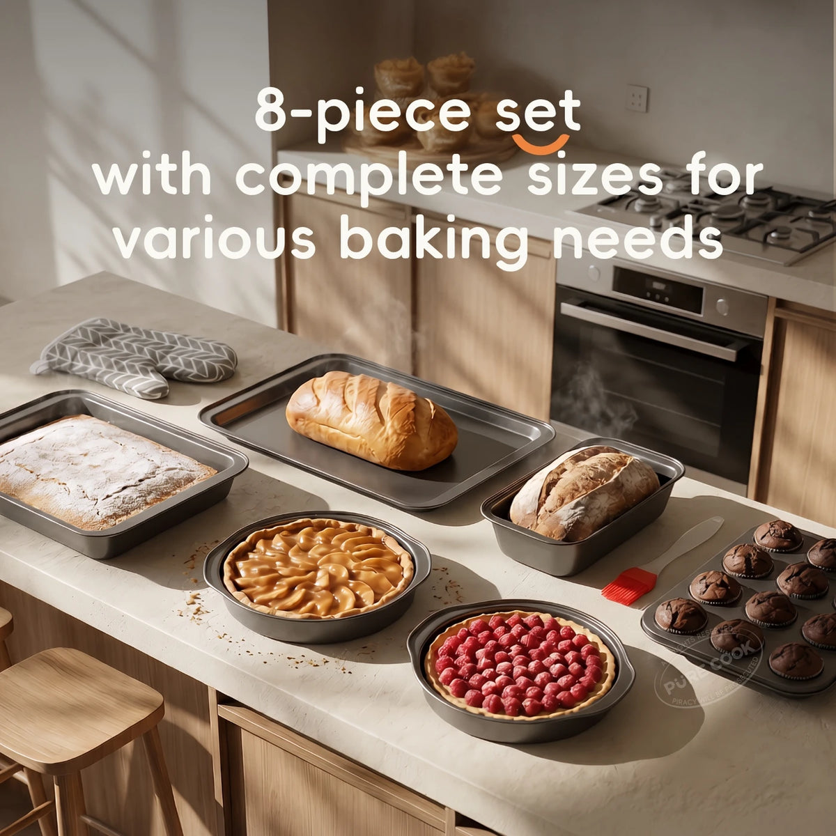 PURE COOK Bakgereiset 8-Delig - Grijs - Antiaanbak Koolstofstaal - Cakevormen, Broodvorm, Muffinvorm, Bakplaat