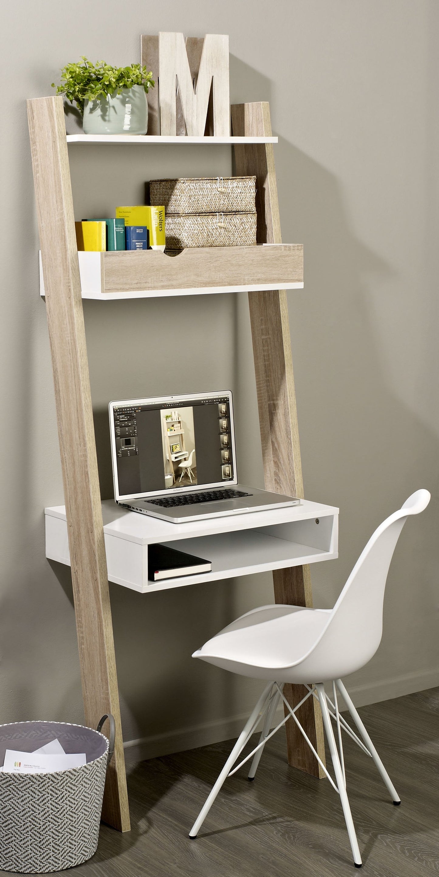 SoBuy FRG111-WN Boekenplank met Bureau - Wandmodel MDF/Spaanplaat - 40 x 65 x 176 cm - Wit/Naturel