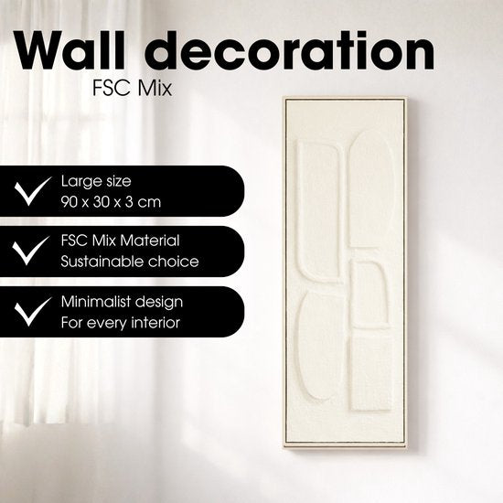 Mica Decorations Wanddecoratie - Wandpaneel Abstracte Kunst 90 x 30 x 3 cm - Woondecoratie voor Woonkamer of Slaapkamer - Off-white