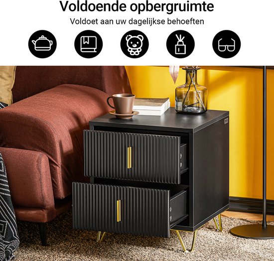SoBuy Bijzetkastje - Nachtkastje met 2 uitschuifbare lades - Max. 25KG - 30 x 40 x 47 cm - Zwart/Goud