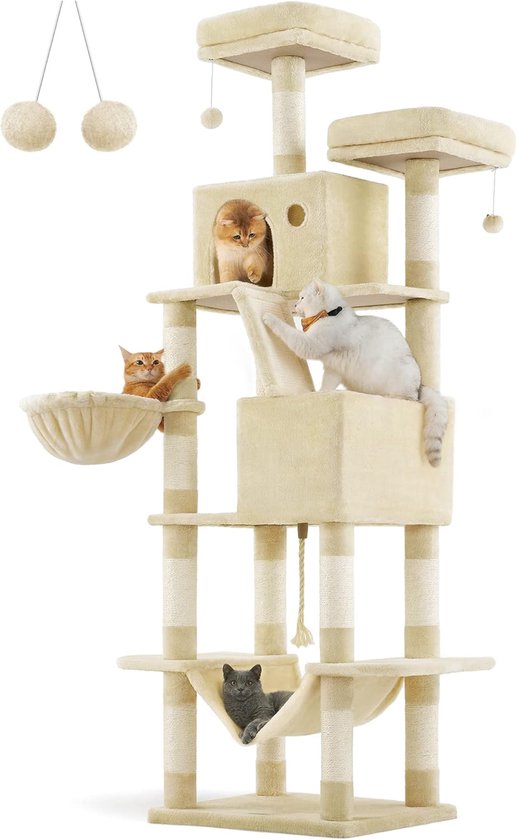 Merkloos XXL Krabpaal 206 cm - Beige - 13 Krabpalen, 2 Platforms & Hangmat