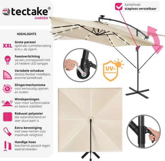 tectake® - Parasol 250cm met Solar Led Verlichting - Parasols - Zweefparasol - Zonneenergie - Incl. zonnepaneel - Tuinverlichting - beige