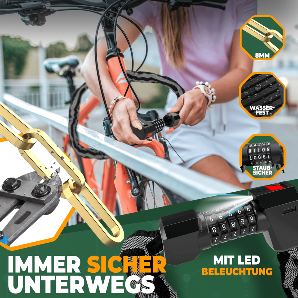 MIVELO - High-Security Kettingslot Met Cijferslot & LED - 100 cm Lang - Gehard Staal - 8 mm Dikte - Zwart
