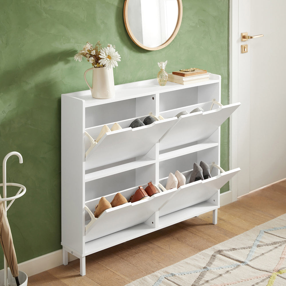 SoBuy Schoenenkast met 4 Kleppen – Schoenenopbergkast voor Hal of Entree – Wit – 100x19x91 cm