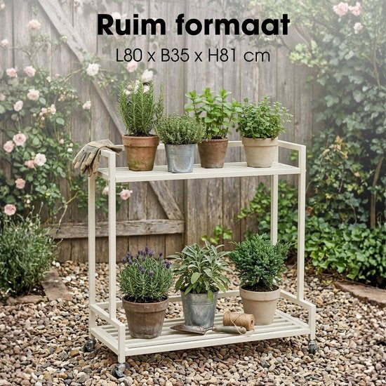 Mica Decorations Greenrax Plantenrek op Wielen - Plantenstandaard voor Kamerplanten, Buitenplanten of Tuingereedschap - Meerdere Plateaus Plantenonderzetter - 80 x 35 x 81 cm - IJzer - Off-white