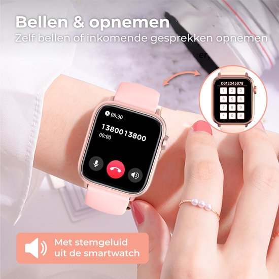 Nuvance - Smartwatch Heren & Dames met Bluetooth - 45mm - Geschikt voor alle Smartphones - Stappenteller en Hartslagmeter - Waterdicht - Lichtroze