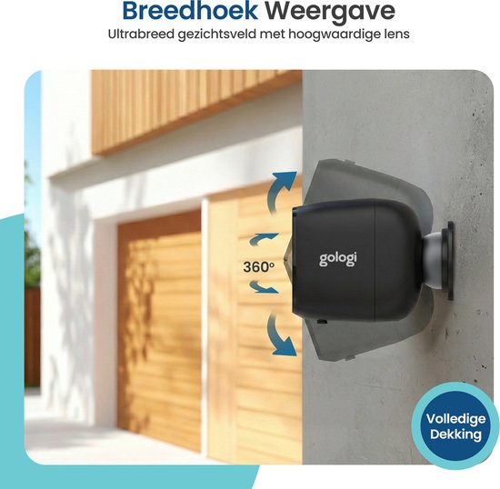 Gologi Draadloze Beveiligingscamera voor Buiten en Binnen - Bewakingscamera met Accu 5200 mAh - USB-C Oplaadbaar - Nightvision - Bewegingsdetectie - Magnetische Montage - 5MP HD Camera WiFi met App - Security Camera - Zwart
