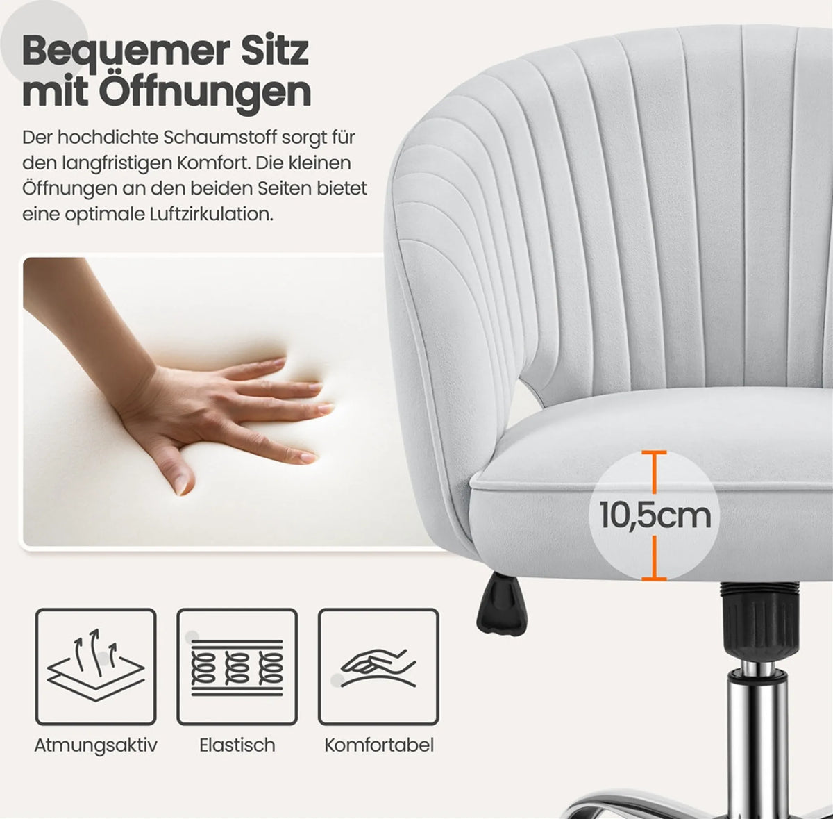 Yaheetech Bureaustoel Fauteuil – 60 x 56,5 x 73-83 cm – Voorzien Van Fluweelzachte Bekleding En Verstelbare Zithoogte En Ontspannende Schommelfunctie – Voor Kantoor En Ontvangsthal – Lichtgrijs Polyester En Metaal