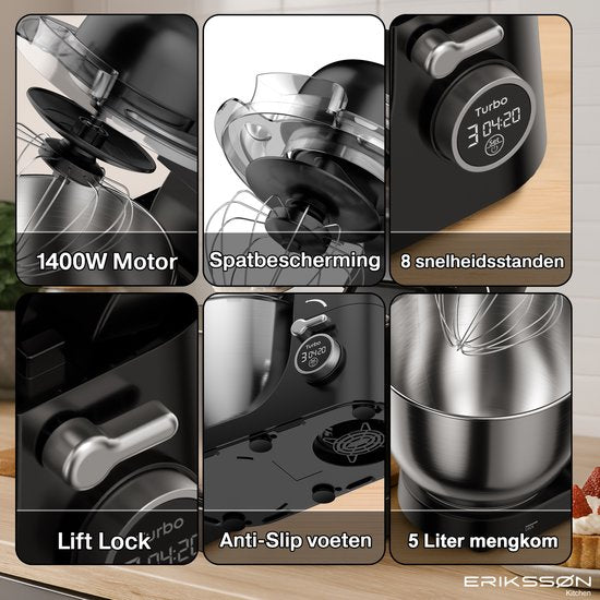 Erikssøn Kitchen Keukenmachine - 8 Snelheidsstanden Met Timer - 5L Mixer met Mengkom - 1400W - Zwart