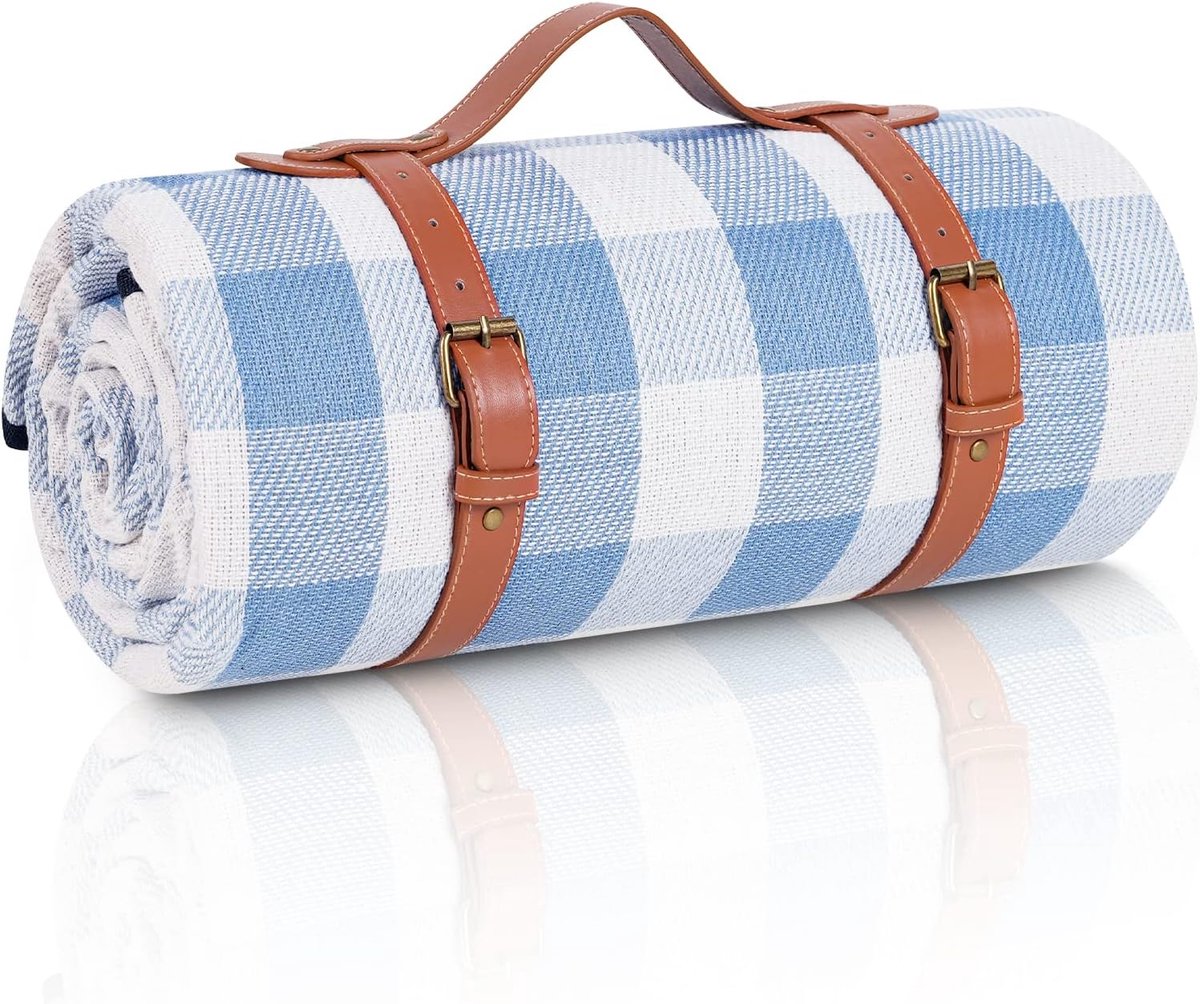 Picknickkleed XXL met waterdichte onderkant - 200 x 200 cm - Lederen handvat - Hemelsblauw/wit