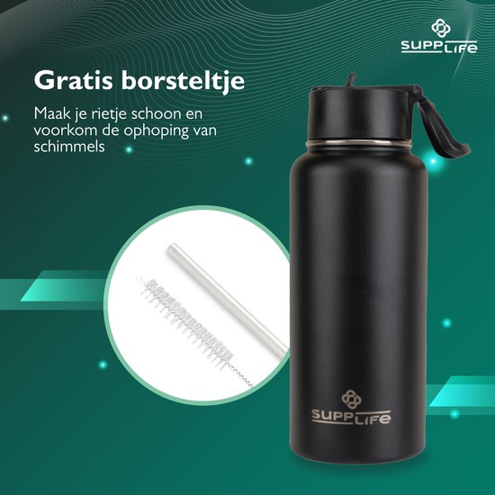 Supplife Luxe RVS Thermosfles / Drinkfles - 1 Liter - BPA & Lek Vrij - Waterfles met Rietje - Dubbelwandige Isolatie - Thermosbeker - Schenkdop en Dop met Rietje - Inclusief Schoonmaakborsteltje - Zwart