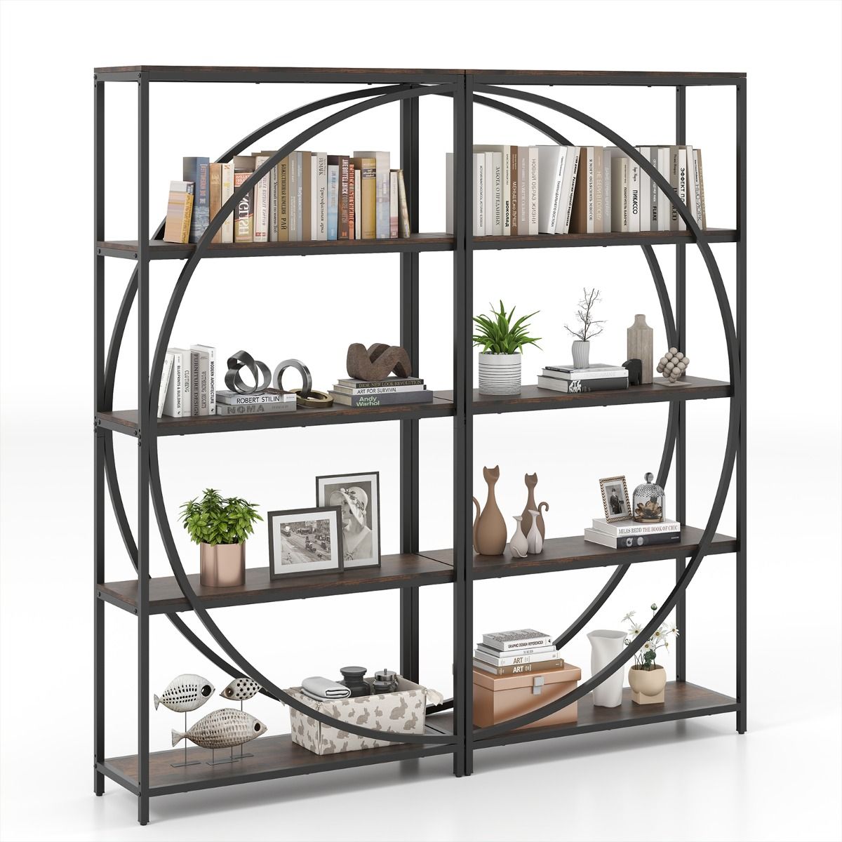 Coast Boekenkast met 5 Lagen - Gebogen Design - Metalen Frame - Bruin - 86 x 30 x 175 cm