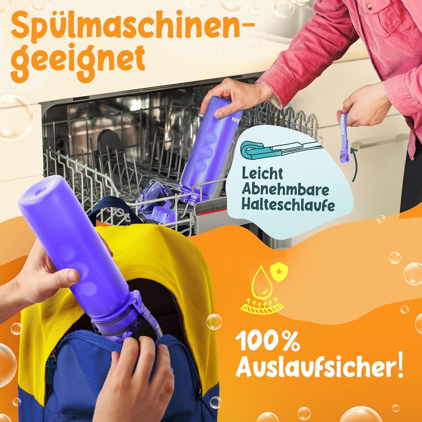 Funkelfuchs® Kinderdrinkfles 500ml – Paars – 100% Lekvrij & Koolzuurbestendig – BPA-vrij & Vaatwasserbestendig – Perfect voor School, Kleuters & Sport