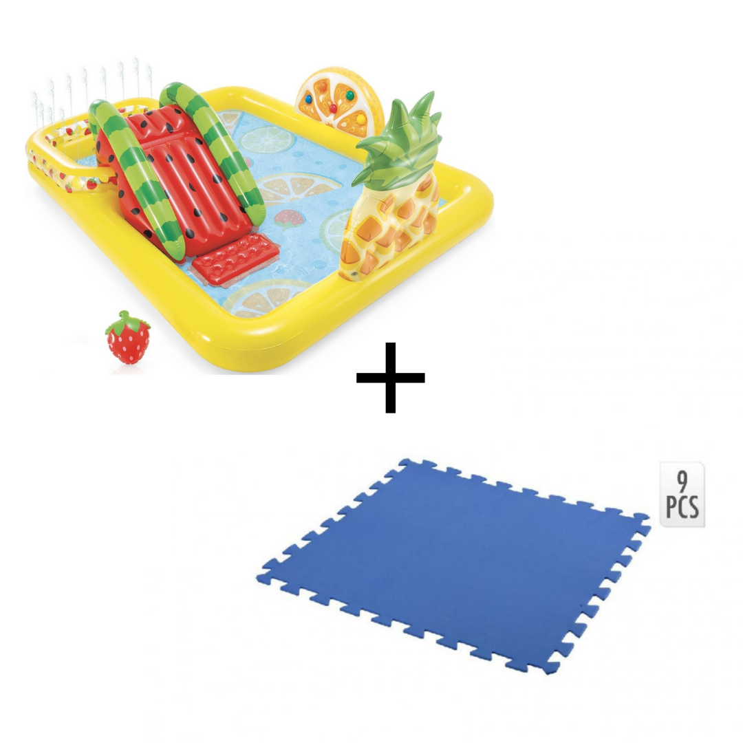 Intex Opblaasbaar Kinderzwembad - Met Glijbaan - Fruit - 244 x 191 x 91 cm + + INCL. Free And Easy Zwembadtegels Foam Blauw 9 Stuks