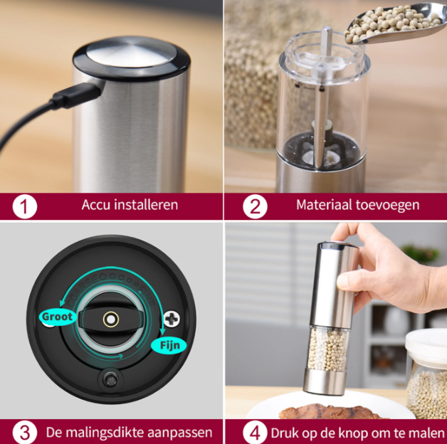 Cuisync Elektrische Pepermolens Set - 2 Stuks - Oplaadbaar - Instelbare Maalgraad - RVS - Zilver