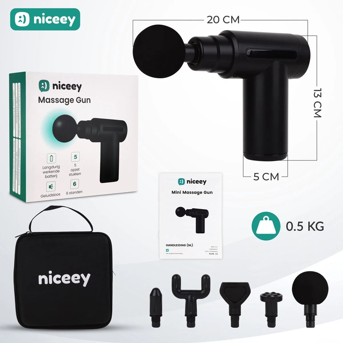 Niceey Massage Gun Mini - Krachtig - Draadloos - 5 Opzetstukken - Massage Apparaat - Massage Pistool - Sport en Relax Massage apparaat - Met Koffer - Zwart