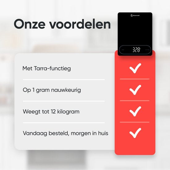 Kitchenwell Digitale Precisie Keukenweegschaal – Weegschaal Keuken - 1gr - 12kg – Tarra Functie - Batterij - Zwart