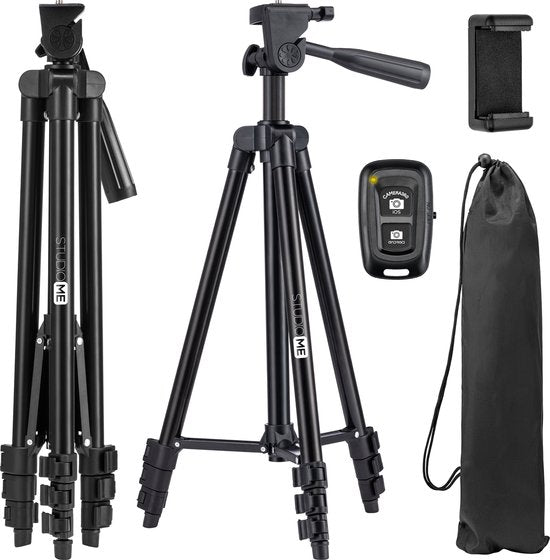 Studio ME Telefoon Statief - 128 cm - Tripod Smartphone - Zwart - Camera Statief - Telefoonhouder - Incl. Bluetooth Afstandsbediening - Statief Telefoon