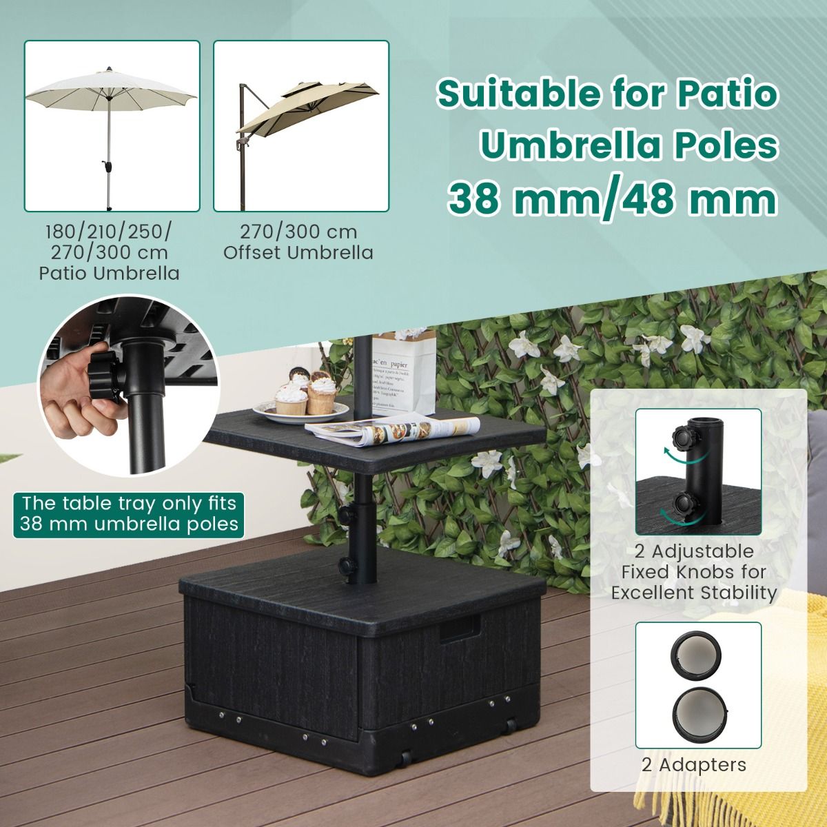 Coast 80 kg Vulbare Parasolvoet met Tafelblad en Wielen 53x53x45 cm Zwart
