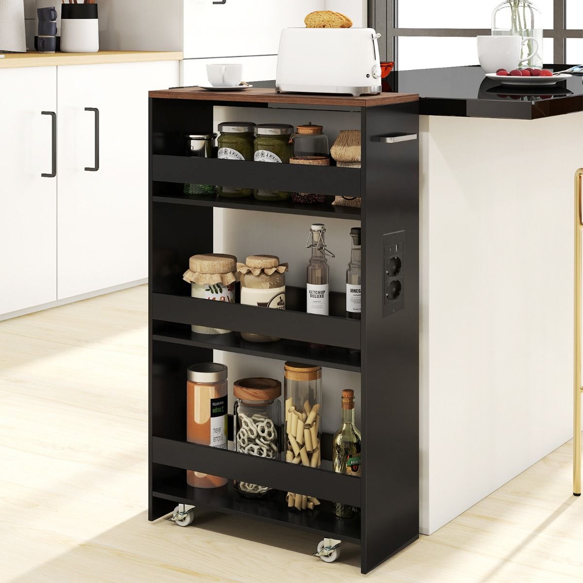 Coast Keukentrolley met Oplaadstation - 4-laags - Smal en verrijdbaar - Zwart, Naturel/Wit, Bruin Rustiek/Zwart, Bruin Rustiek/Grijs, Naturel
