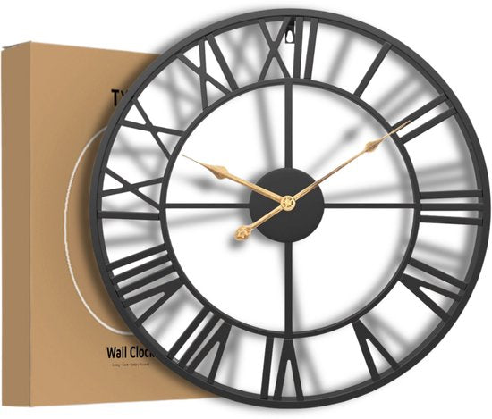 Tyme Wandklok Industrieel – 34cm – Romeinse cijfers – Goed leesbaar - Analoog - Uurwerk - Muurklok Modern - Quartz - Zwart