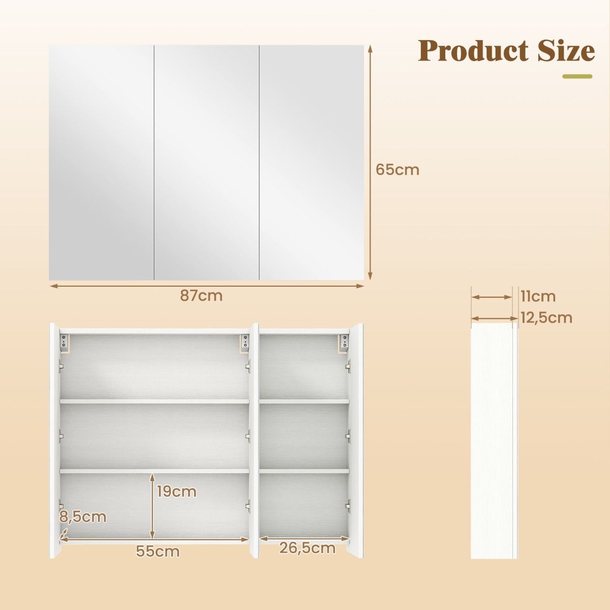 Coast Badkamer Wandspiegelkast - drie deuren - 6 vakken - wit - 87 x 65 x 12,5 cm