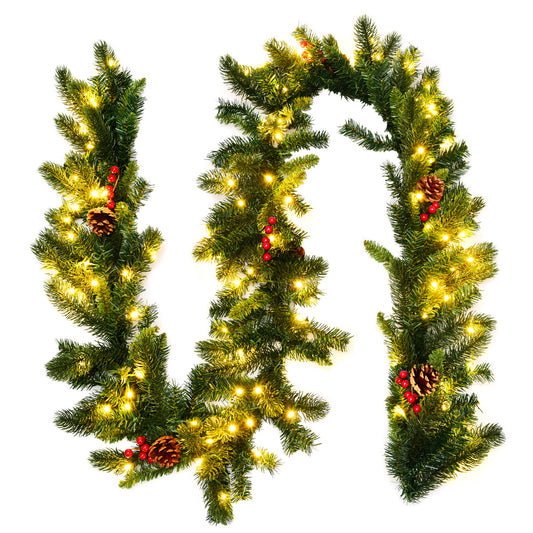 Coast Kerstslinger Groen – 274 cm – Met 100 Warmwitte LED-Lampjes, Dennenappels en Rode Bessen